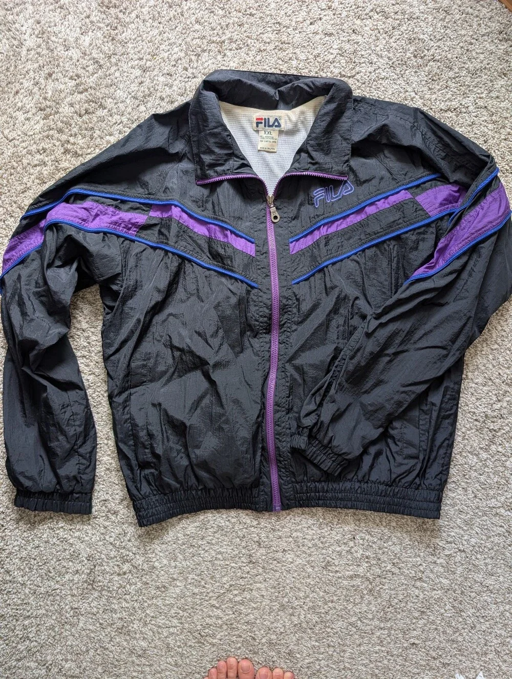 Vtg 90s FILA Black Windbreaker with Purple and Blue Trim XXL Sporty Retro